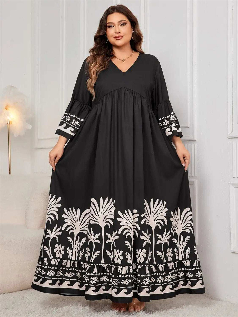 Plus Size Printed V-Neck Long Sleeve Maxi Dress - Trendsi - Flyclothing LLC