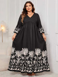 Plus Size Printed V-Neck Long Sleeve Maxi Dress - Trendsi - Flyclothing LLC