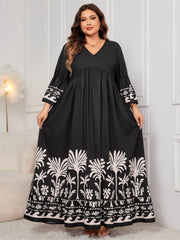 Plus Size Printed V-Neck Long Sleeve Maxi Dress - Trendsi