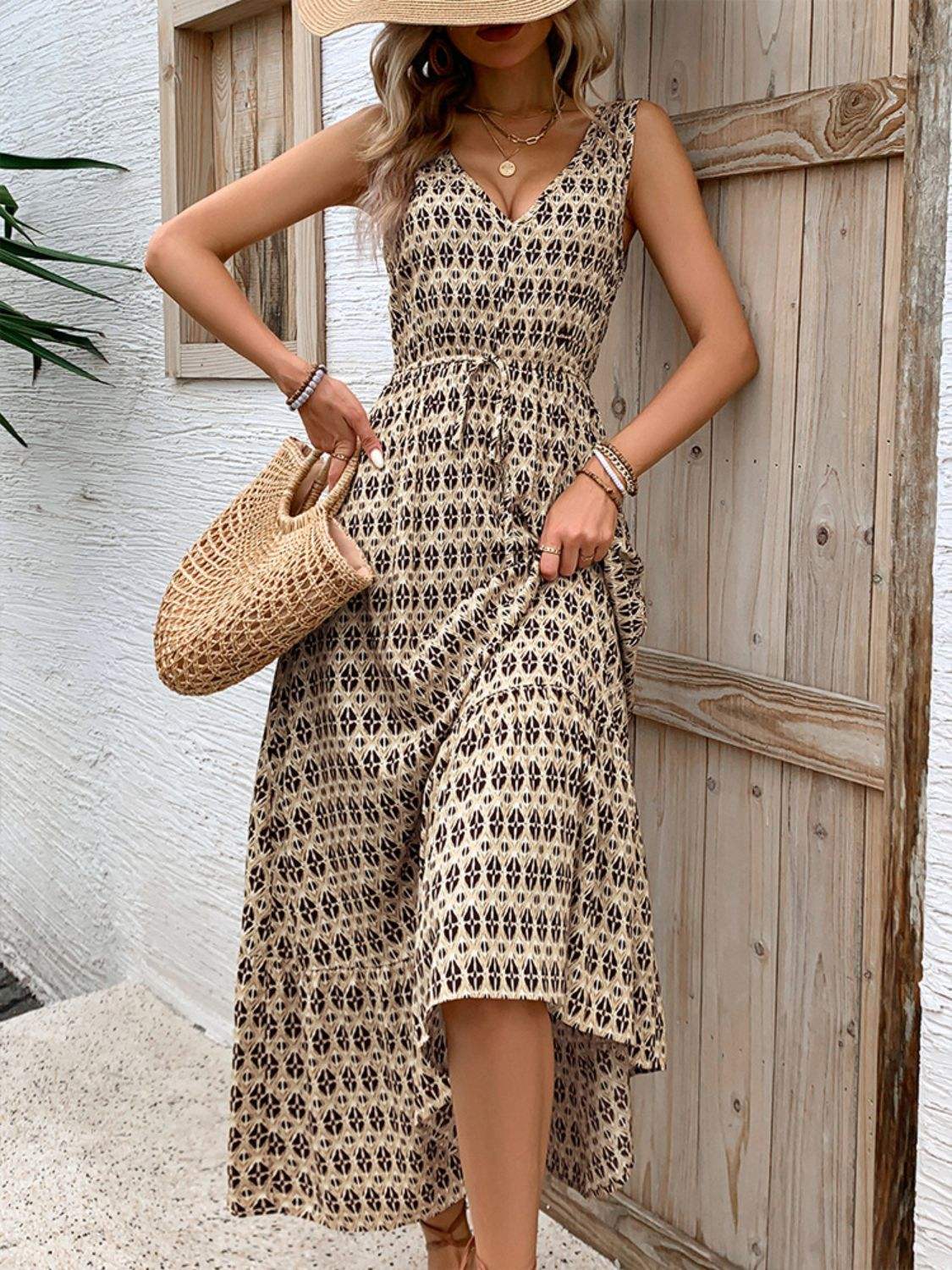 Printed V-Neck Tie Waist Midi Dress - Trendsi - Flyclothing LLC