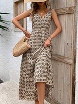 Printed V-Neck Tie Waist Midi Dress - Trendsi - Flyclothing LLC