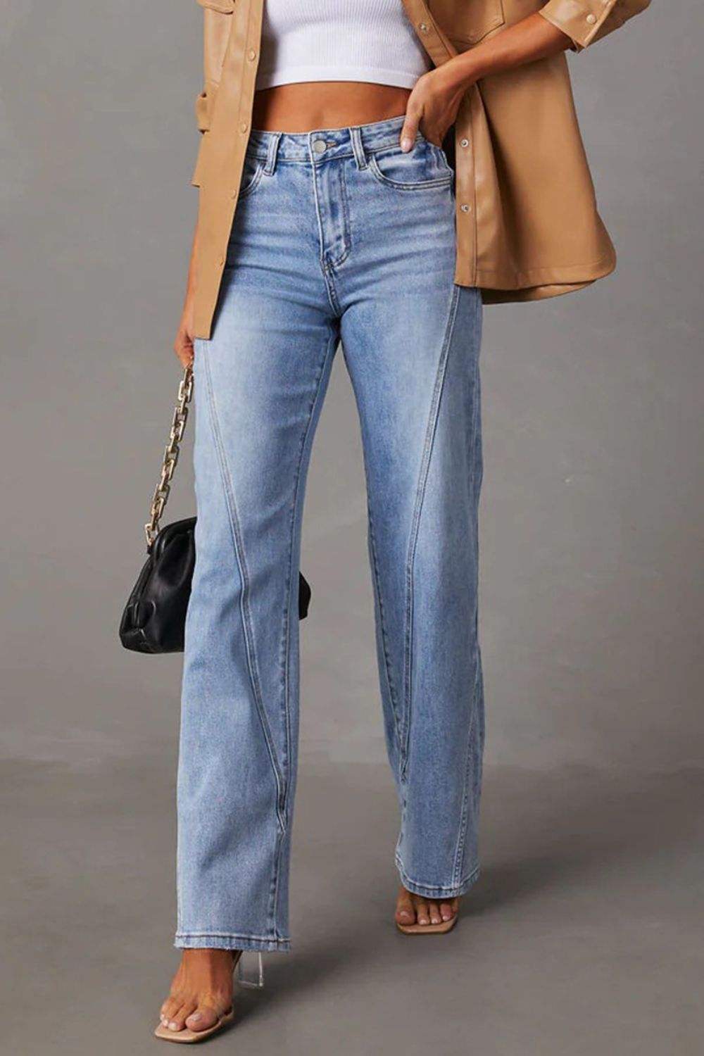 High Waist Straight Jeans with Pockets - Trendsi - Flyclothing LLC