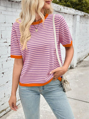 Lovelet Striped Contrast Round Neck Half Sleeve Knit Top - Trendsi