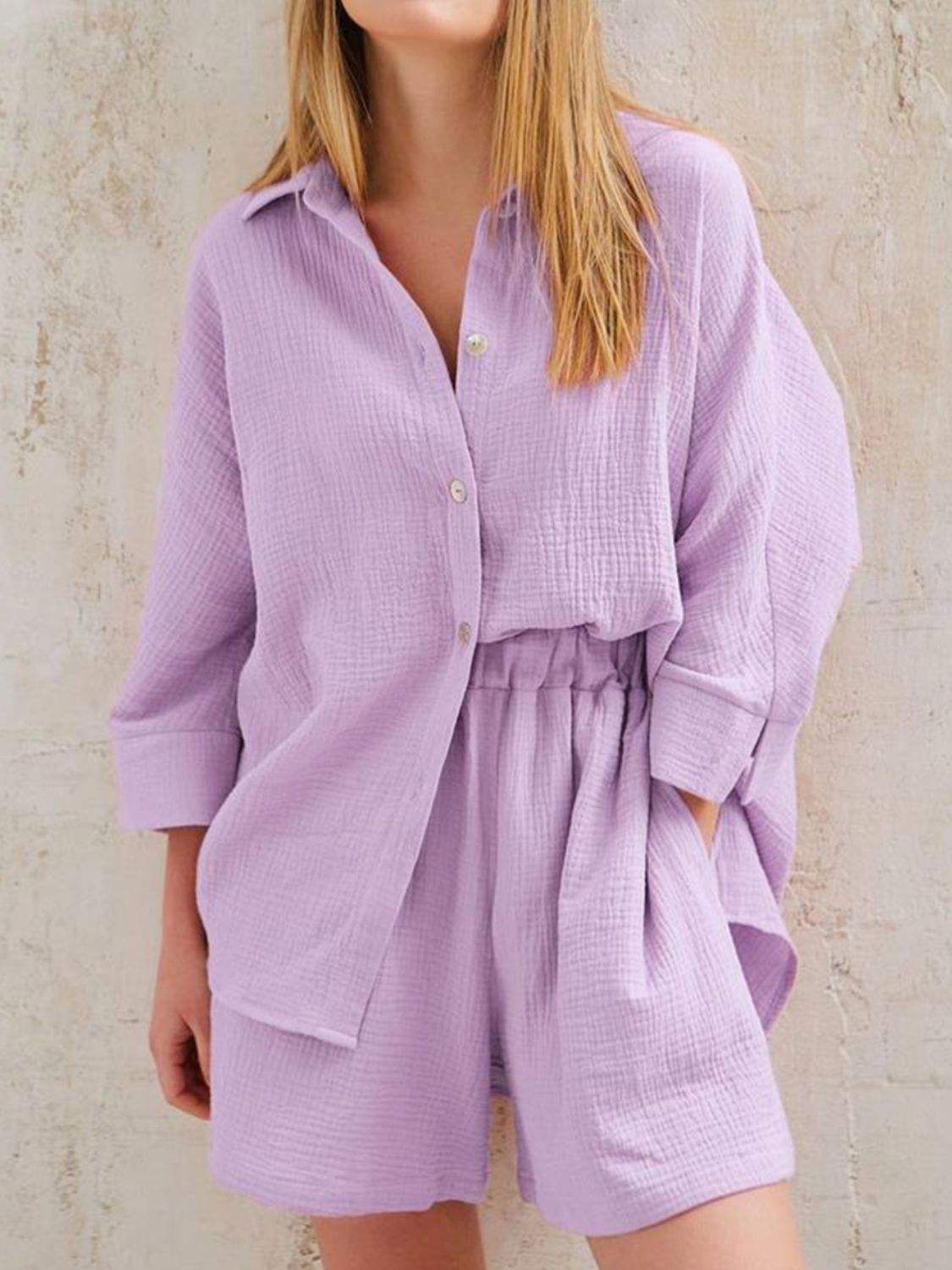 Texture Button Up Shirt and Shorts Set - Trendsi - Flyclothing LLC