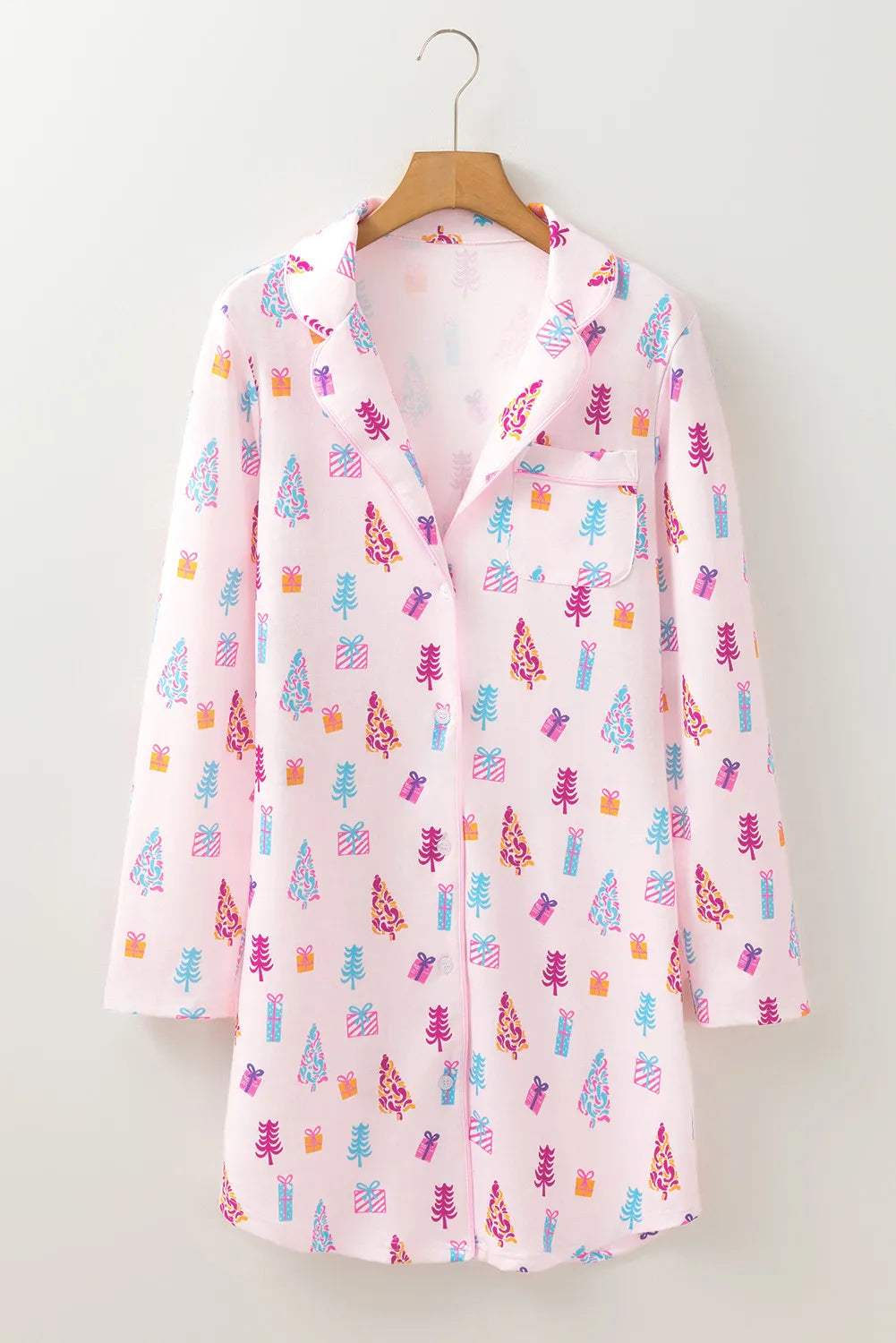 Printed Collared Neck Long Sleeve Lounge Dress - Trendsi - Flyclothing LLC