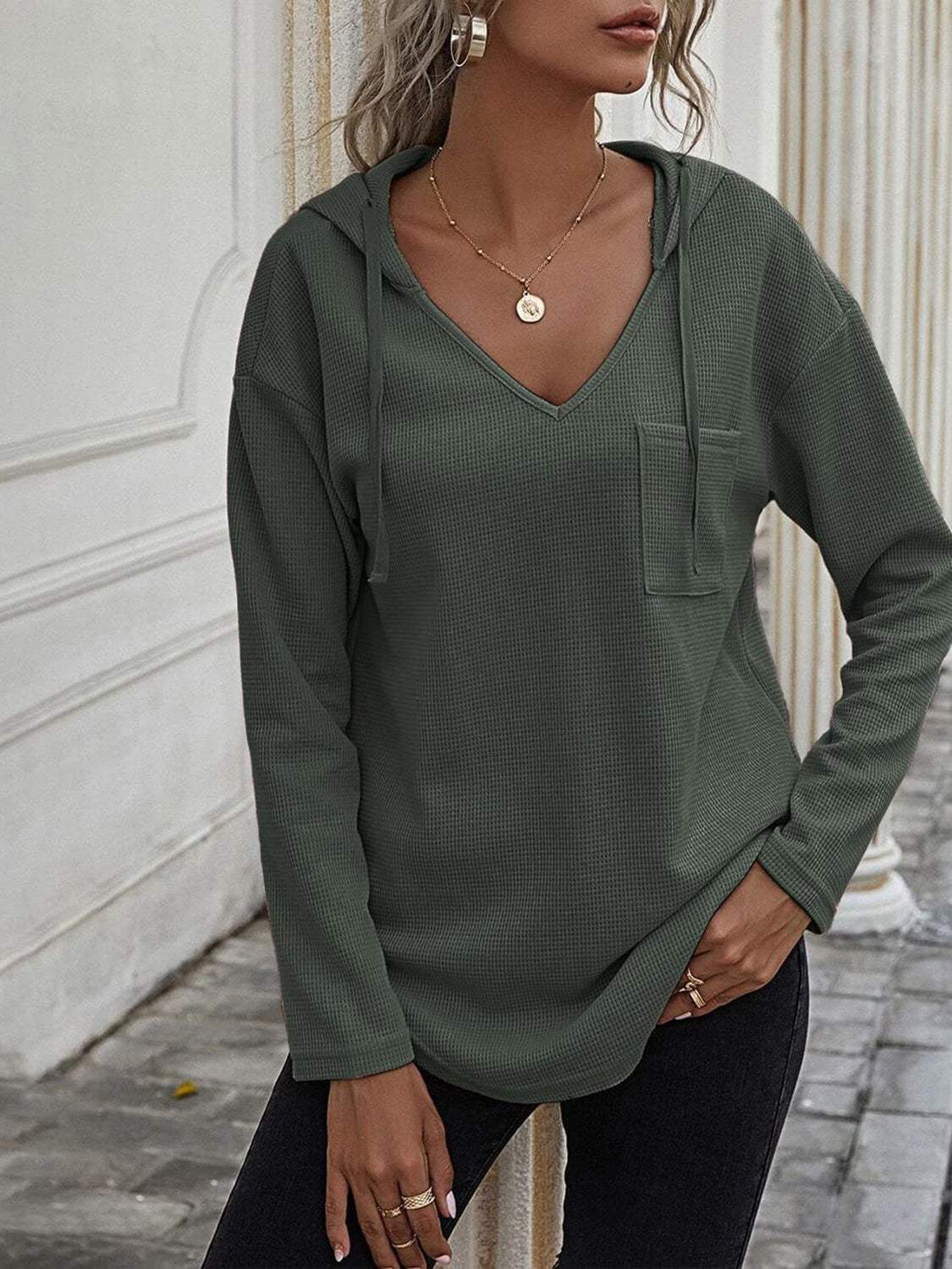 Drawstring Waffle Knit Long Sleeve Hooded Top - Trendsi - Flyclothing LLC