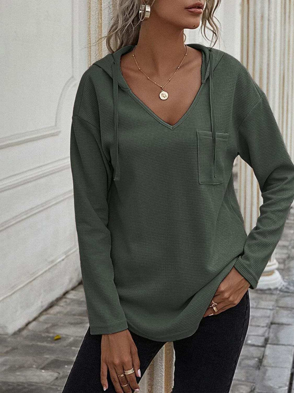 Drawstring Waffle Knit Long Sleeve Hooded Top - Trendsi - Flyclothing LLC