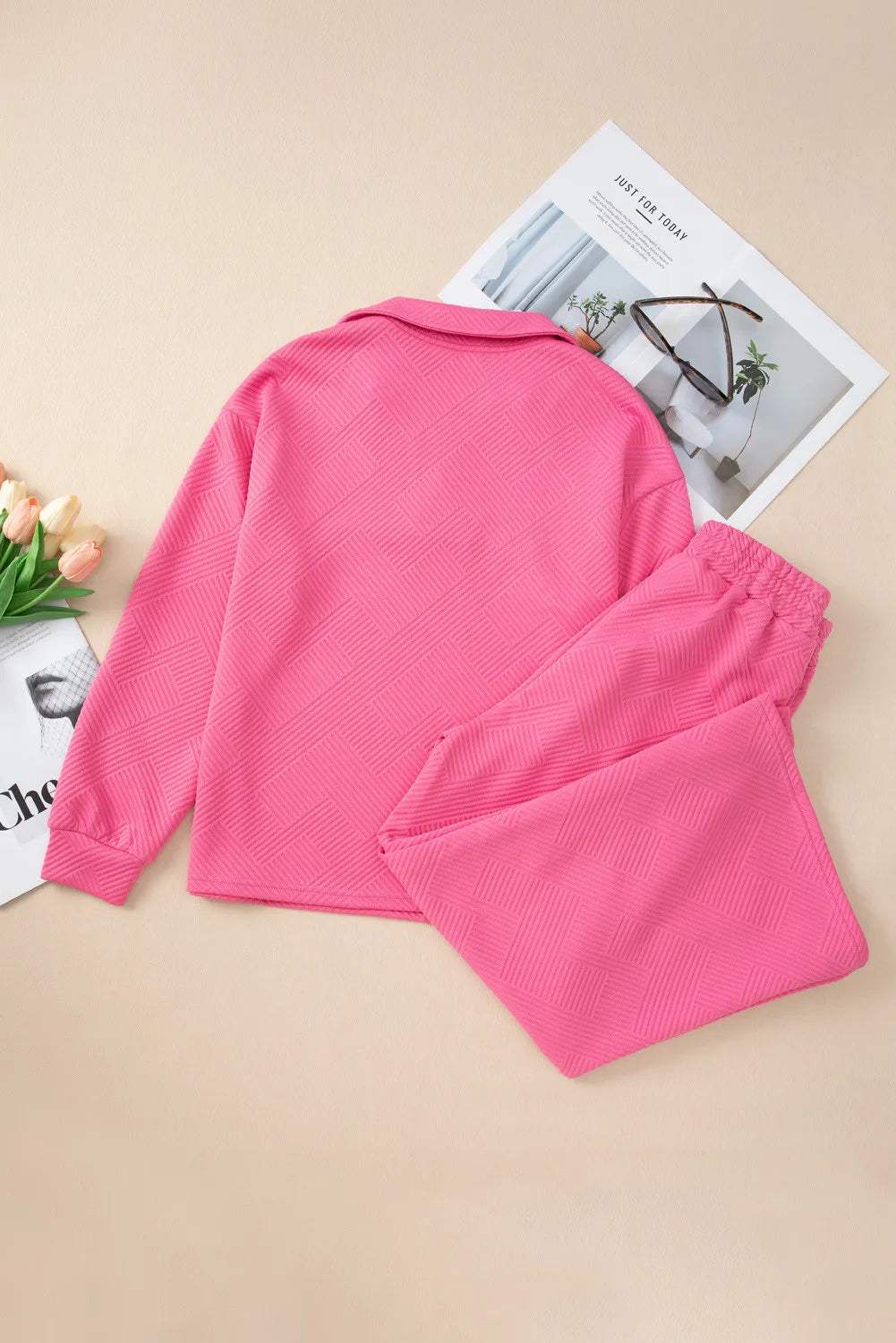 Textured Long Sleeve Top and Drawstring Pants Set - Trendsi - Flyclothing LLC