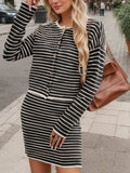 Striped Long Sleeve Top and Skirt Set - Trendsi - Flyclothing LLC