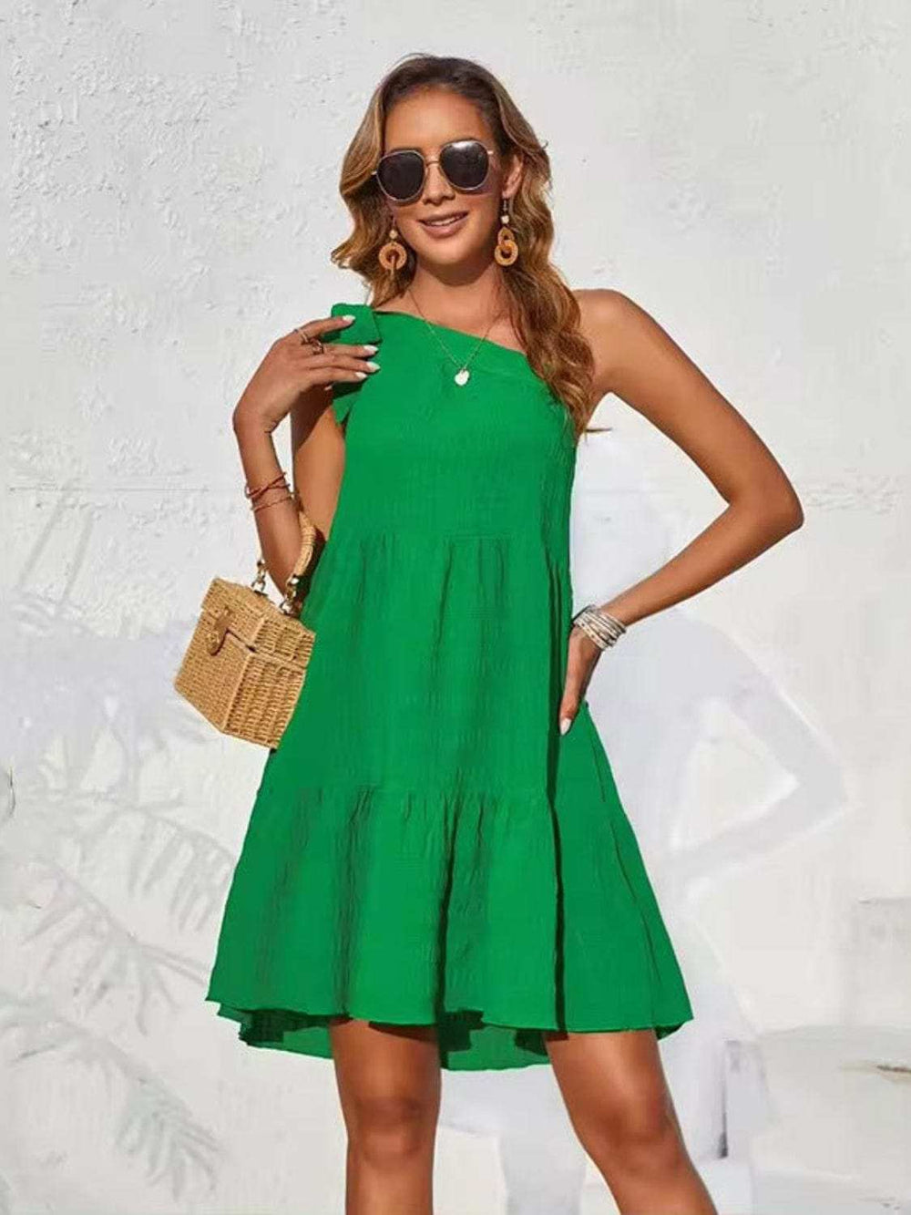 Textured Tied Single Shoulder Mini Dress - Trendsi - Flyclothing LLC