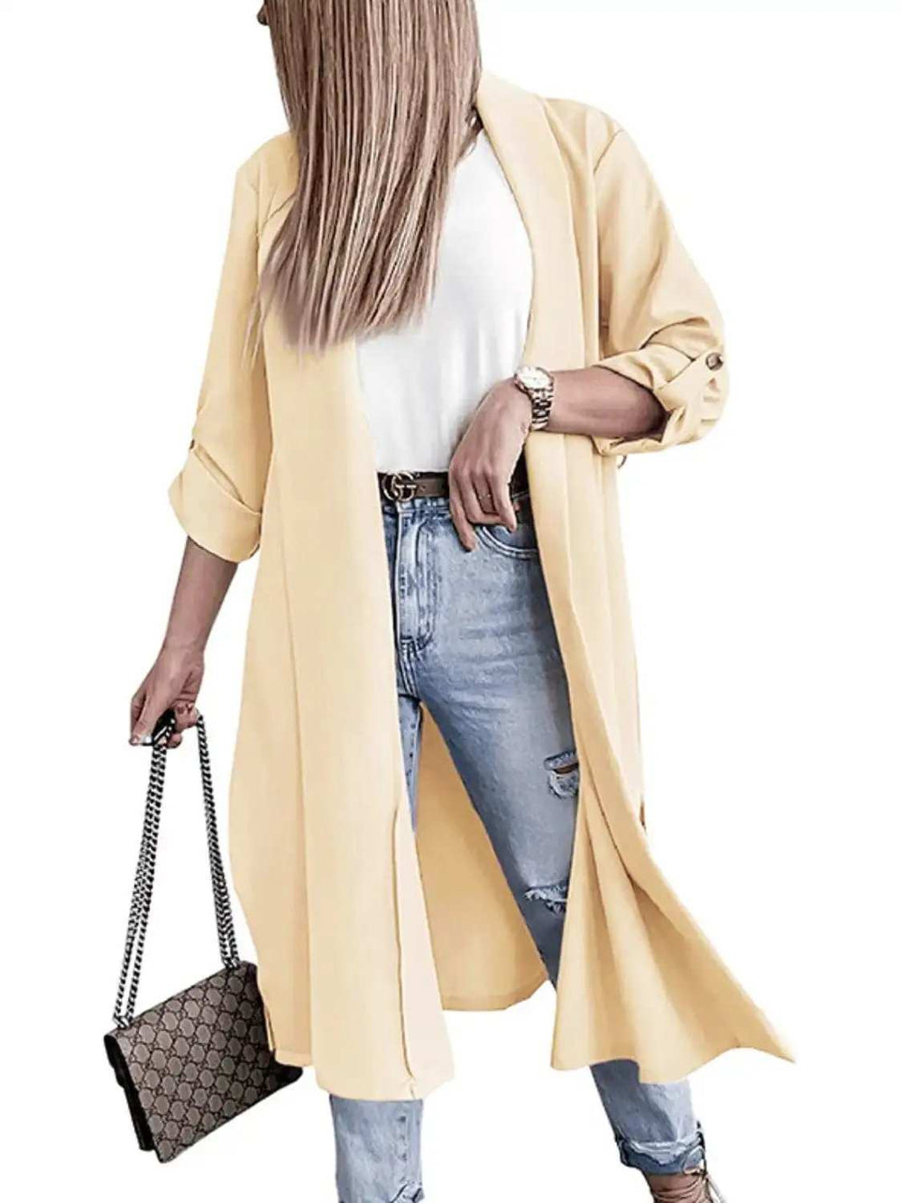 Slit Open Front Roll-Tab Sleeve Trench Coat - Trendsi - Flyclothing LLC
