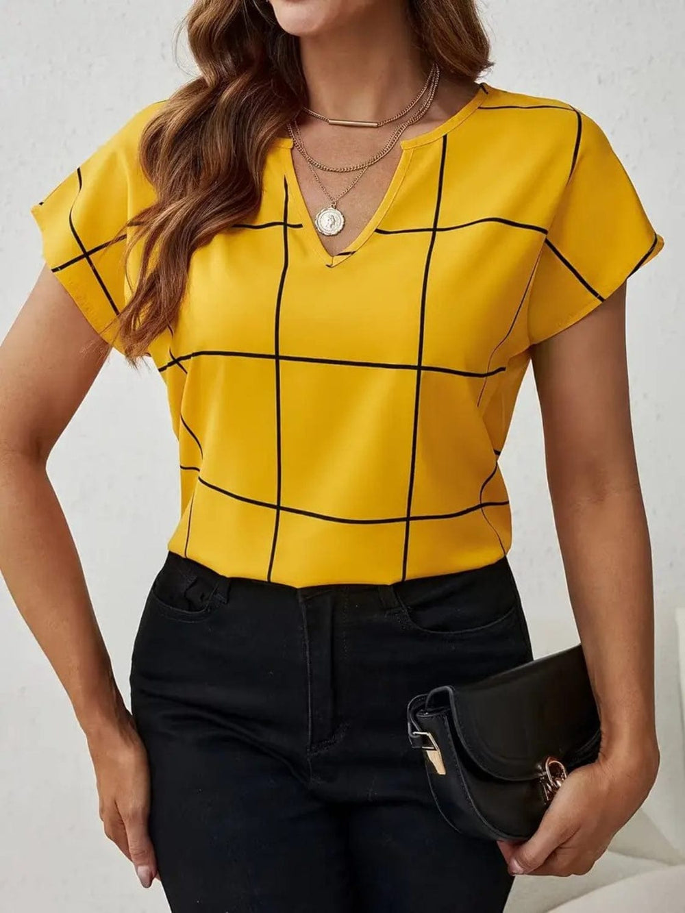 Plaid Contrast Notched Blouse - Trendsi