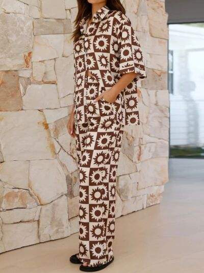 Printed Collared Neck Top and Pants Set - Trendsi - Flyclothing LLC