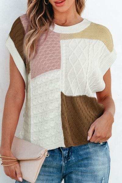 Cable-Knit Color Block Round Neck Sweater Vest - Trendsi - Flyclothing LLC