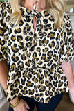 Leopard Bow Tie Front Puff Sleeve Peplum Blouse - Trendsi - Flyclothing LLC