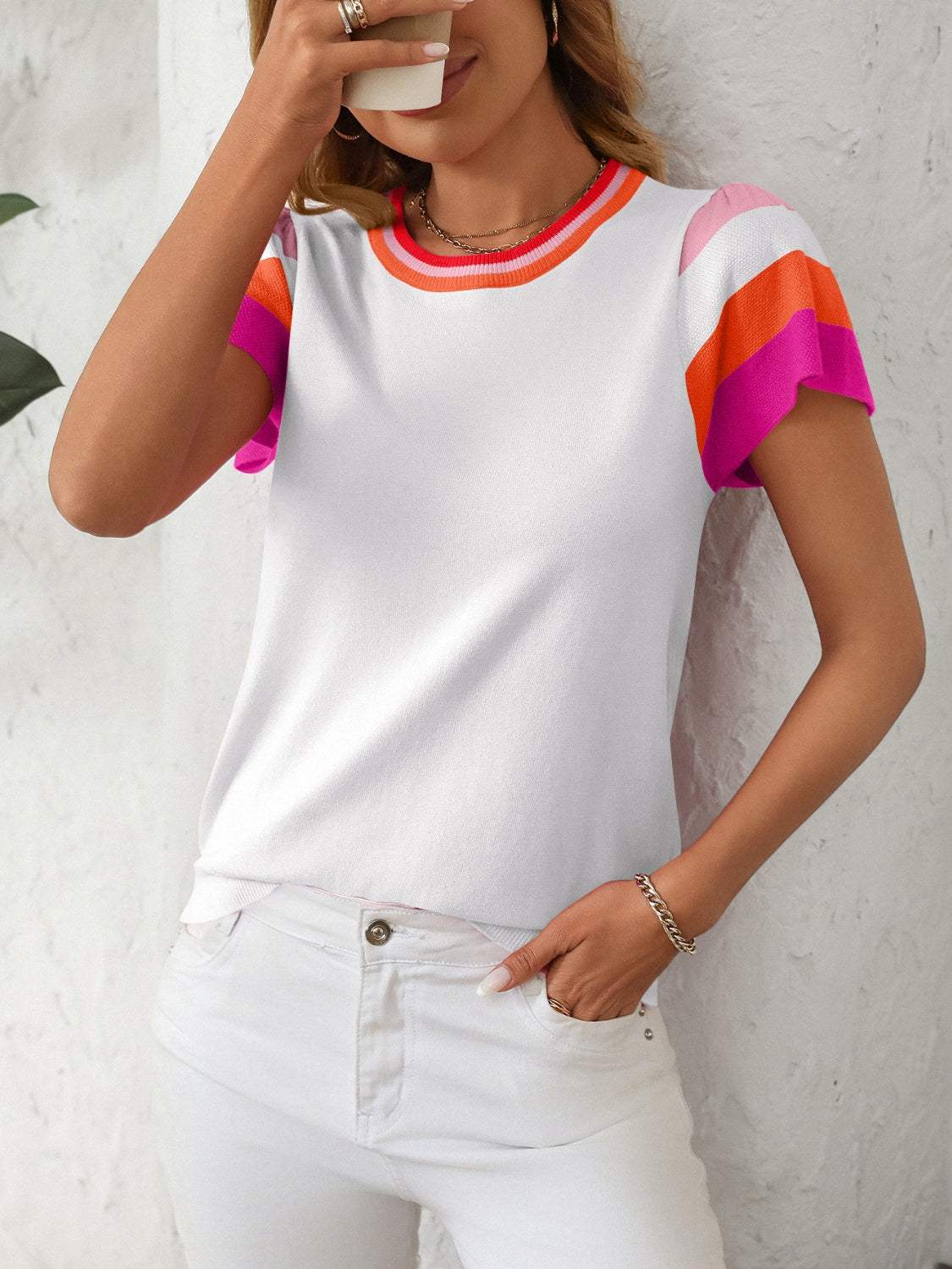 Mandy Contrast Round Neck Short Sleeve Knit Top - Trendsi - Flyclothing LLC