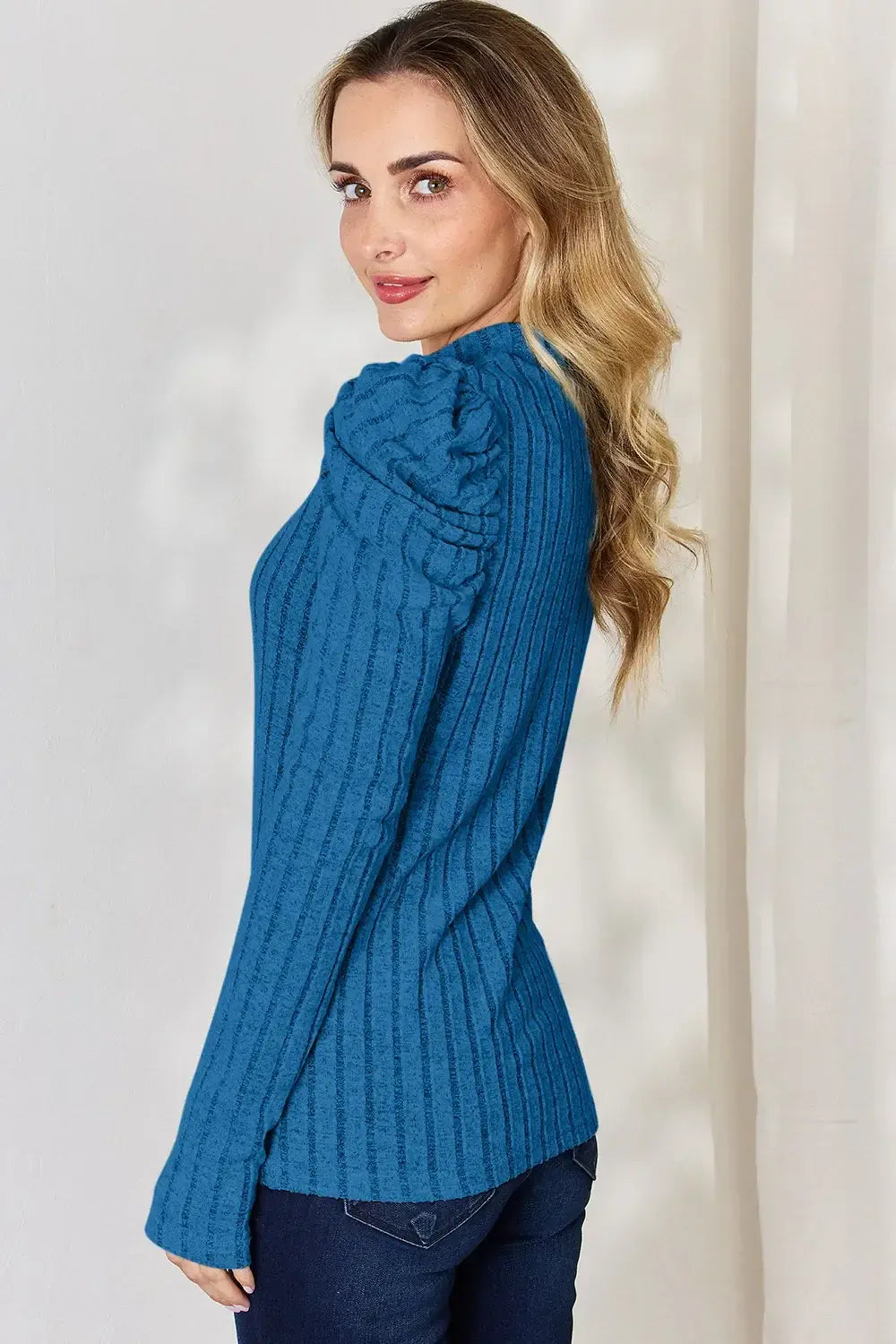 Basic Bae Full Size Ribbed Mock Neck Puff Sleeve T-Shirt - ShopBasicbae - Flyclothing LLC