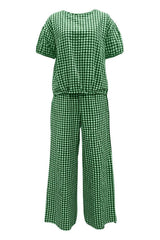 Full Size Plaid Round Neck Half Sleeve Top and Pants Set - Trendsi - Flyclothing LLC