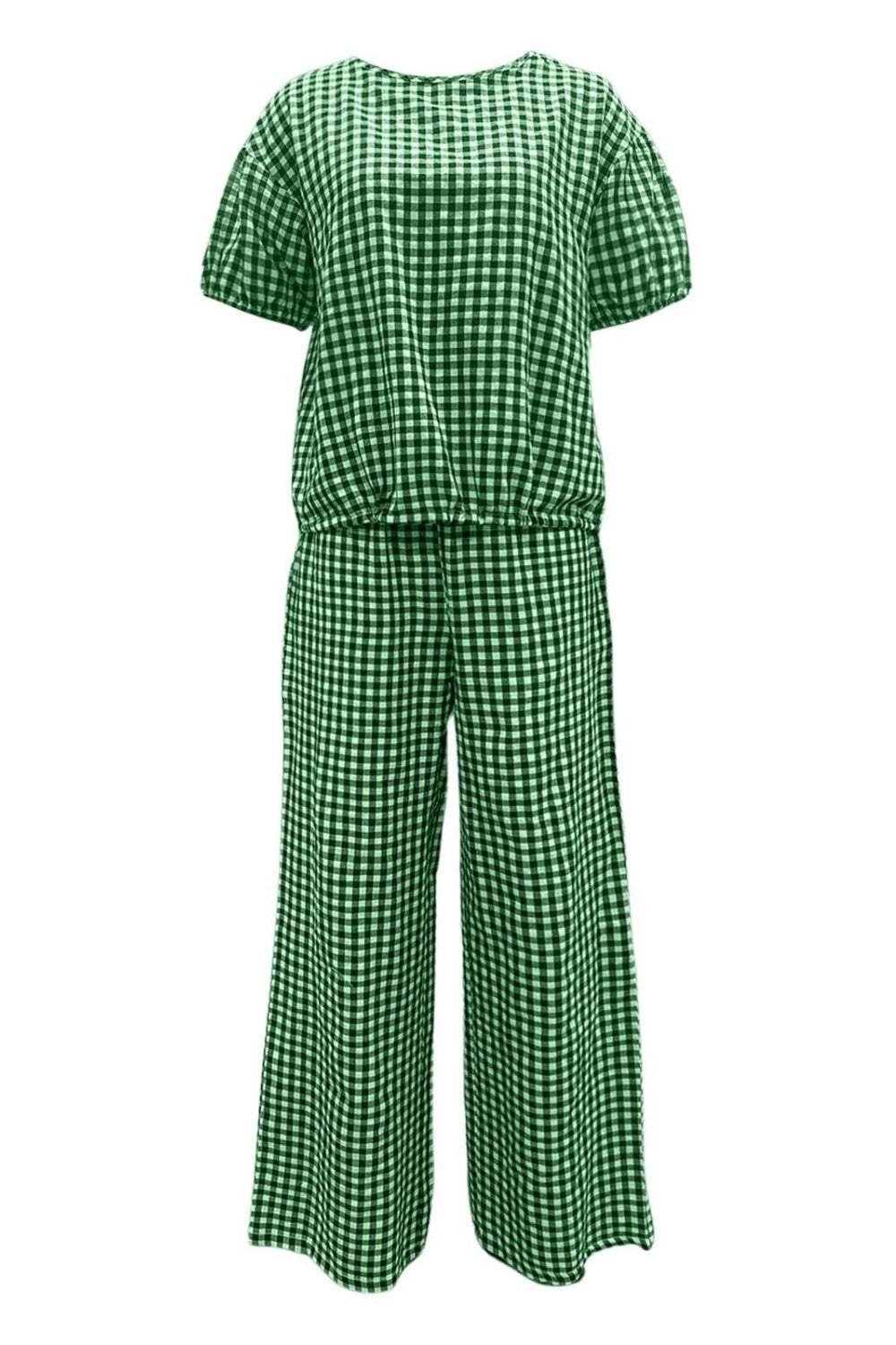Full Size Plaid Round Neck Half Sleeve Top and Pants Set - Trendsi - Flyclothing LLC