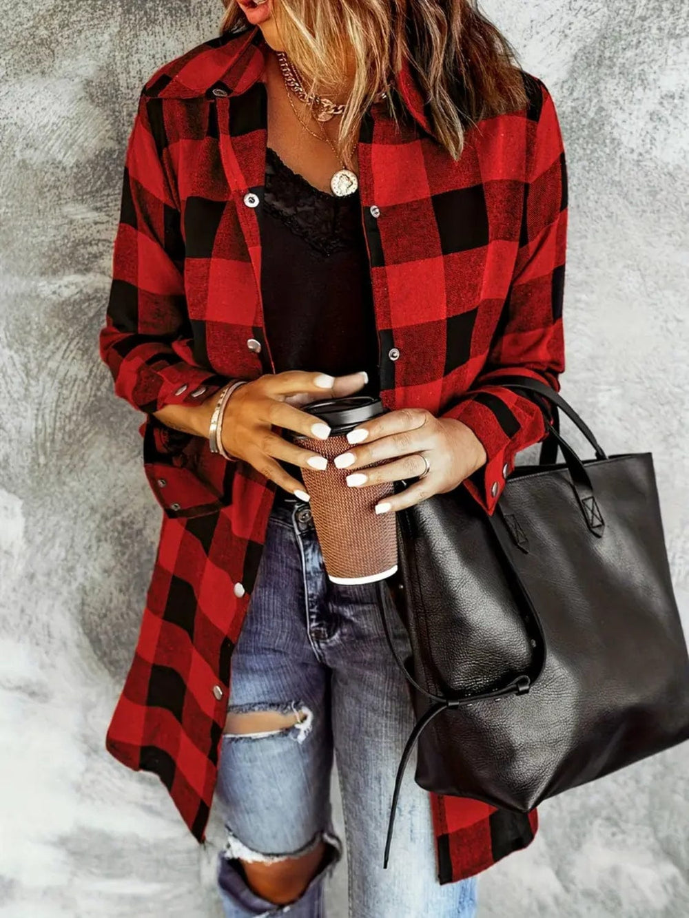 Plaid Collared Neck Snap Down Long Sleeve Jacket - Trendsi