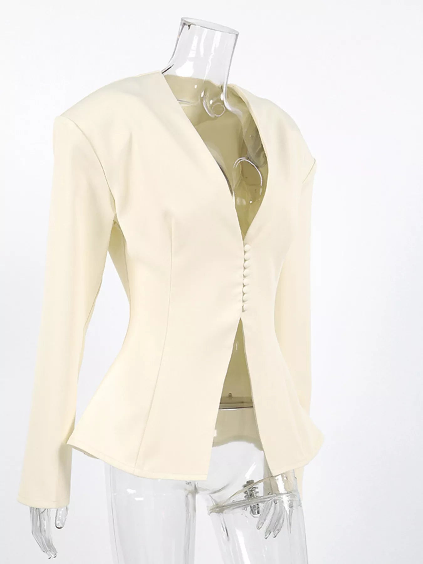V-Neck Button-Up Blazer with Structured Shoulders - Trendsi - Flyclothing LLC