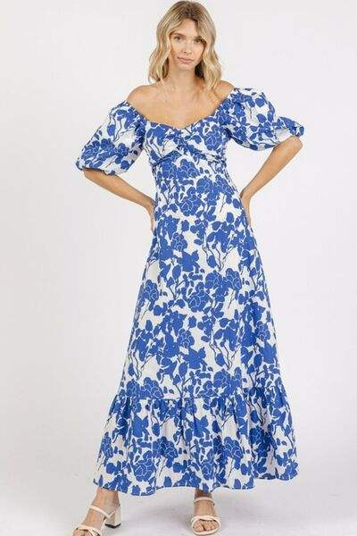 Mittoshop Cutout Back Floral Sweetheart Neck Puff Sleeve Dress - Trendsi - Flyclothing LLC