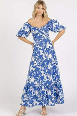 Mittoshop Cutout Back Floral Sweetheart Neck Puff Sleeve Dress - Trendsi - Flyclothing LLC
