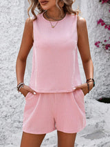 Round Neck Sleeveless Top and Shorts Set - Trendsi - Flyclothing LLC