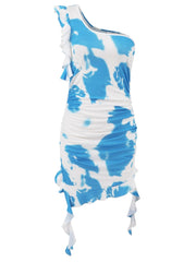 Ruffled Tie-Dye Single Shoulder Mini Dress - Trendsi