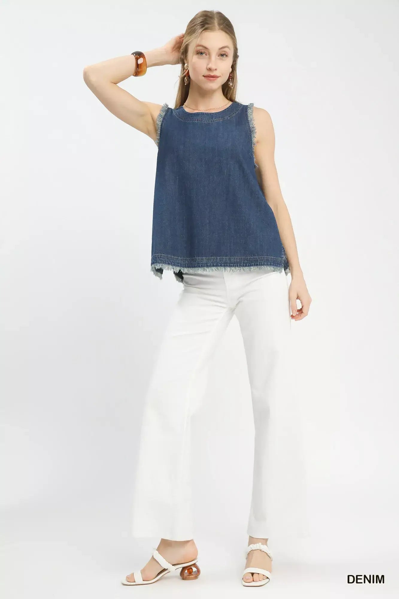Umgee Sleeveless Fringe Hem Denim Top - Trendsi - Flyclothing LLC