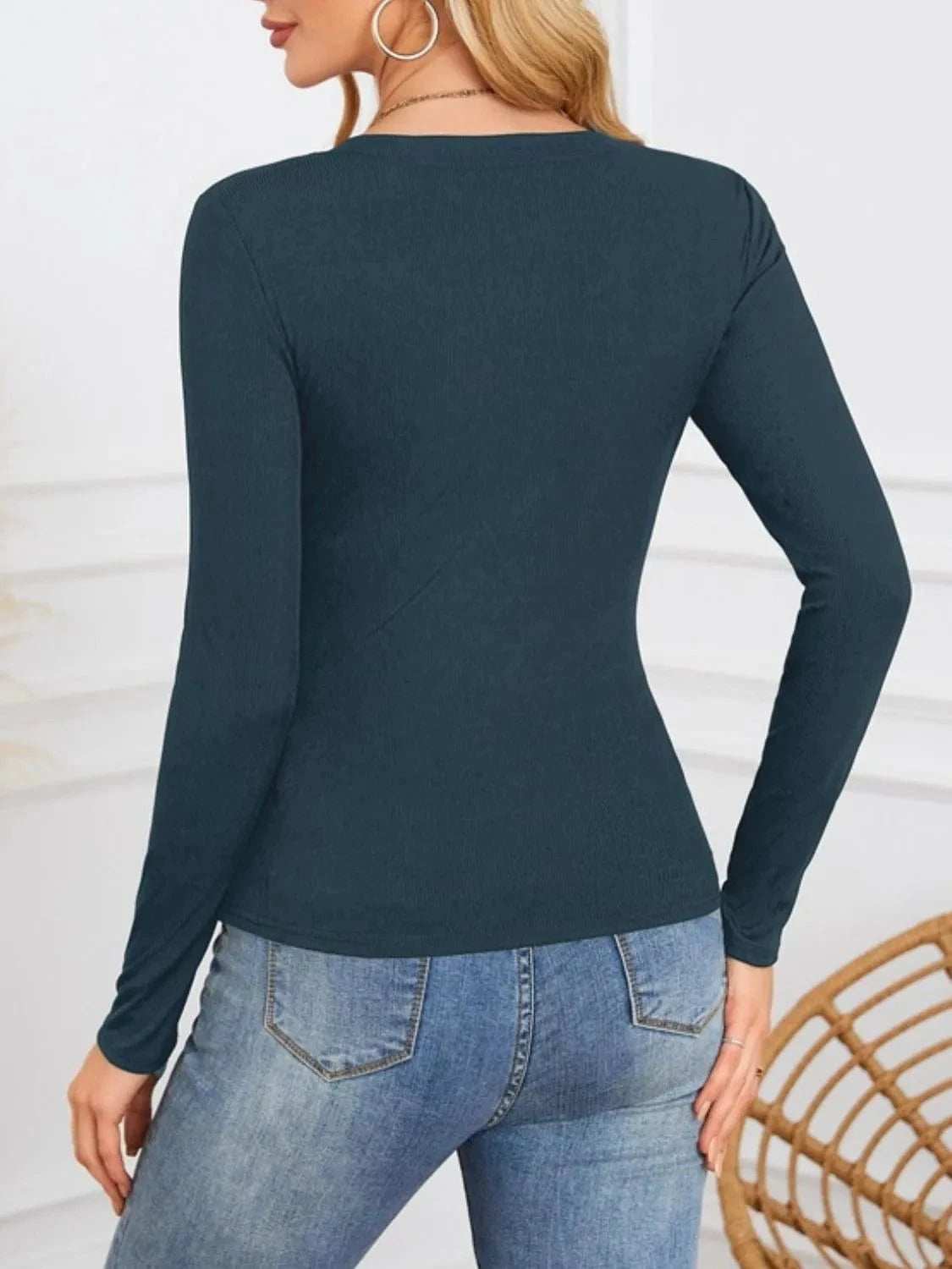 Notched Long Sleeve T-Shirt - Trendsi - Flyclothing LLC