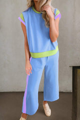 Contrast Round Neck Top and Pants Set - Trendsi - Flyclothing LLC