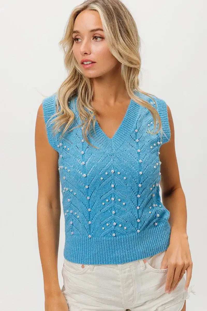 BiBi Chevron Pointelle Pearl Knit Top - Trendsi - Flyclothing LLC