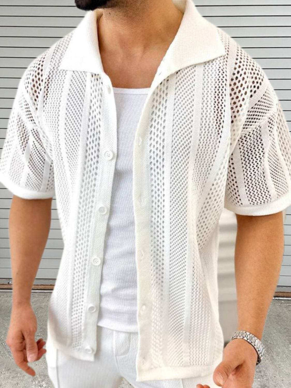 Men's Button Down Collared Neck Hollow Out Shirt - Trendsi - Flyclothing LLC