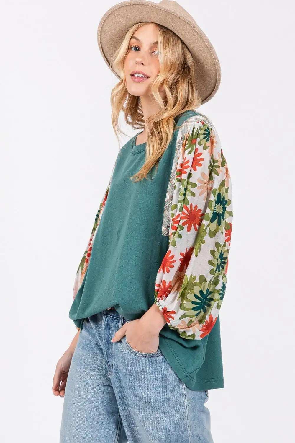 SAGE + FIG Full Size Printed Balloon Sleeve Contrast Top - Trendsi - Flyclothing LLC