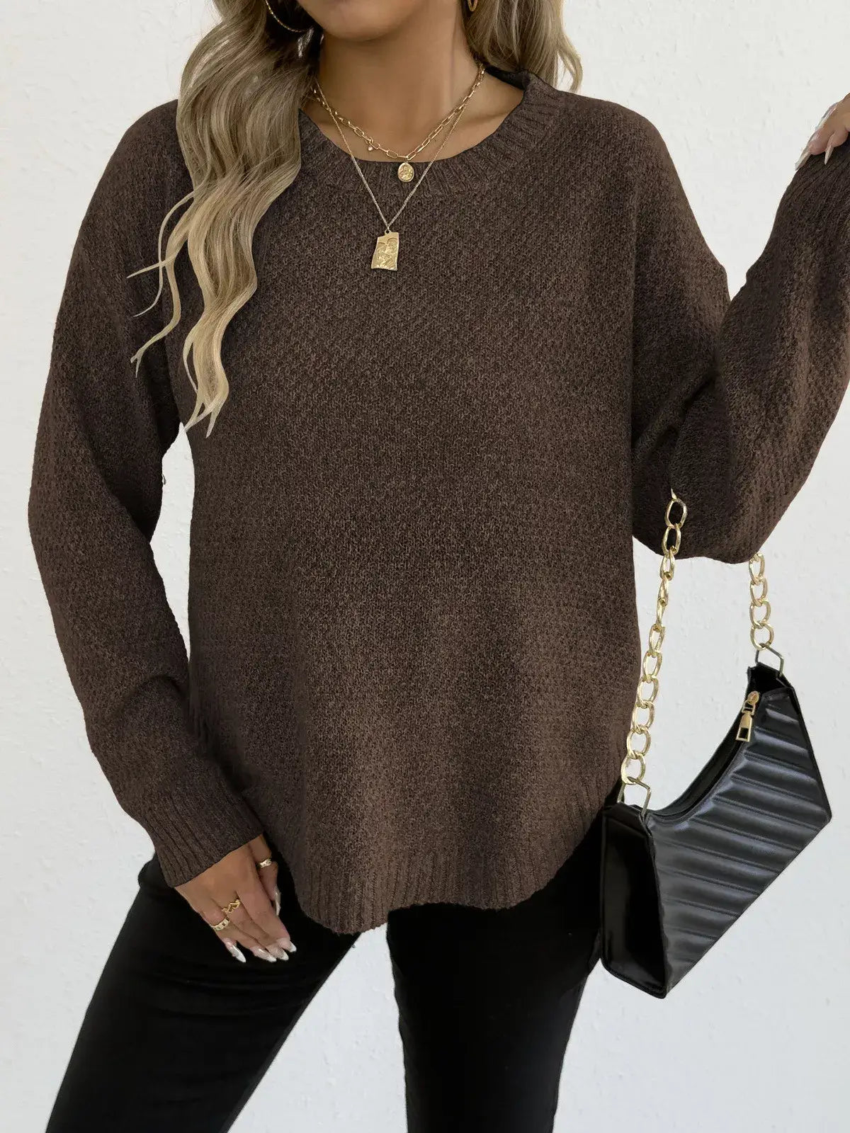 Textured Knit Relaxed Fit Round Neck Sweater - Trendsi - Flyclothing LLC