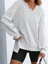 Notched Long Sleeve Oversized Sweatshirt - Trendsi - Flyclothing LLC