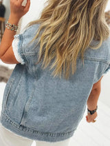 Button Flap Pocket Frayed Detail Denim Vest - Trendsi - Flyclothing LLC