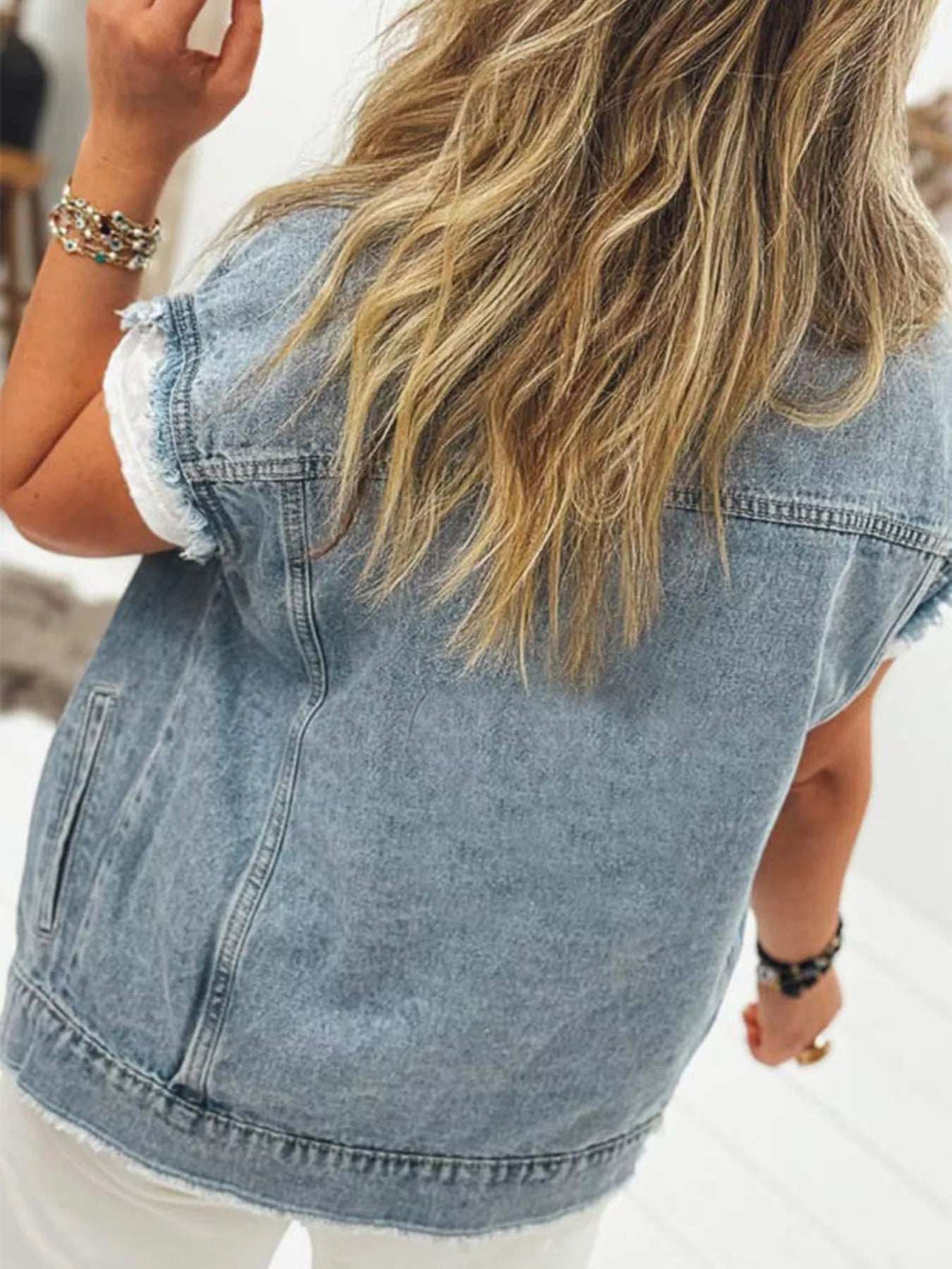 Button Flap Pocket Frayed Detail Denim Vest - Trendsi - Flyclothing LLC