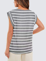 Striped Round Neck Cap Sleeve T-Shirt - Trendsi - Flyclothing LLC