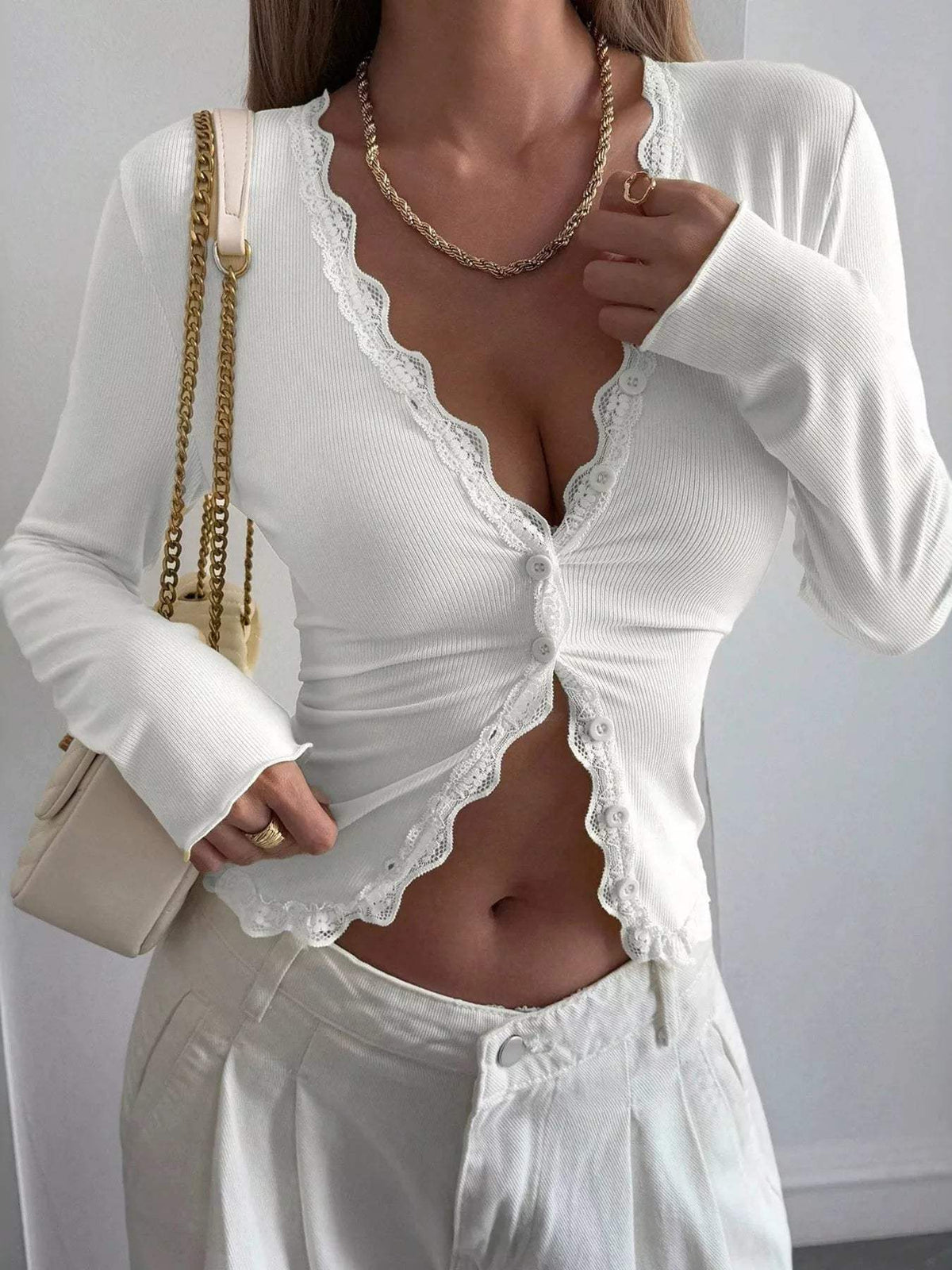 Lace Trim V-Neck Ribbed Long Sleeve Blouse - Trendsi - Flyclothing LLC