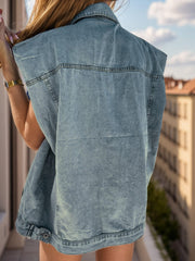Pocketed Button Up Cap Sleeve Denim Jacket - Trendsi