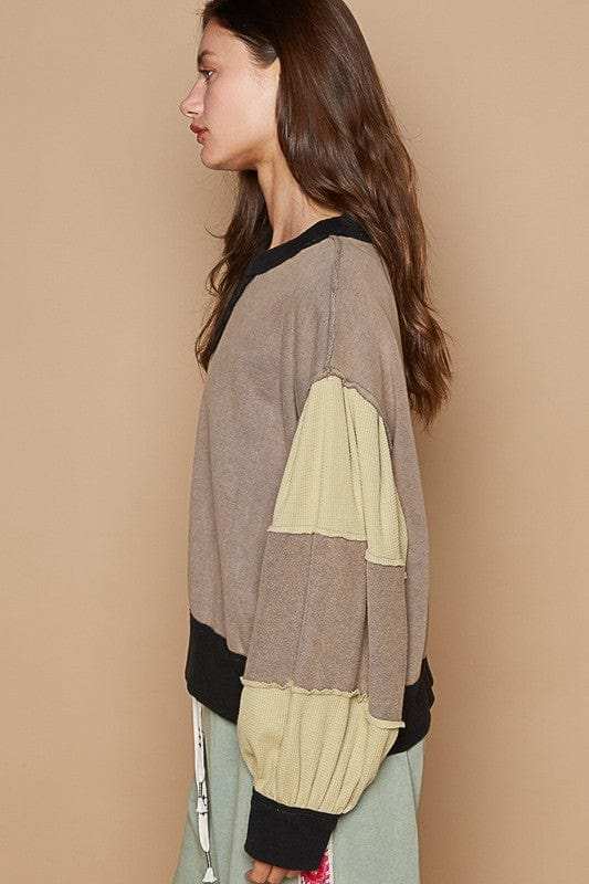 POL Waffle-Knit Detail Color Block Round Neck Sweatshirt - Trendsi - Flyclothing LLC