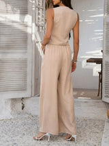 Devine Button Down Vest and Wide Leg Pants Set - Trendsi - Flyclothing LLC