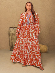 Plus Size Printed Notched Long Sleeve Maxi Dress - Trendsi