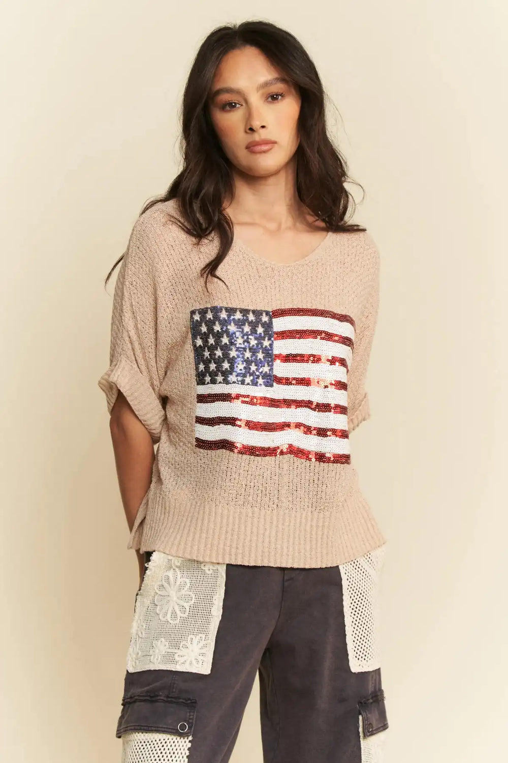 Davi & Dani Sequin American Flag Patch Short Sleeve Knit Top - Trendsi