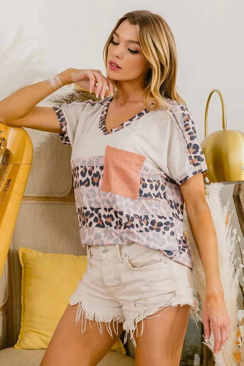 BiBi Leopard Stripe with Slub Terry Color Block T-Shirt - Trendsi - Flyclothing LLC