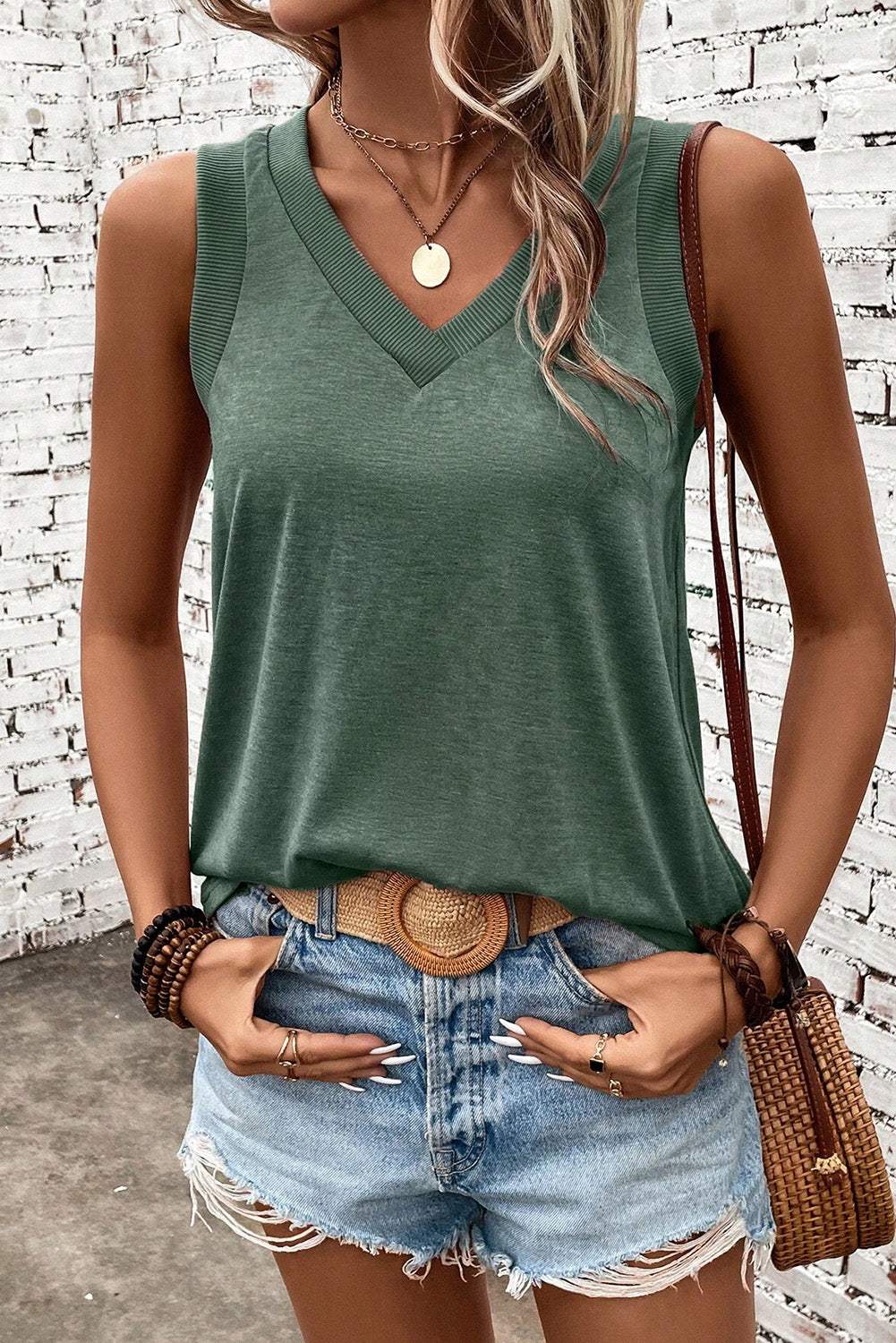 V-Neck Wide Strap Tank - Trendsi - Flyclothing LLC