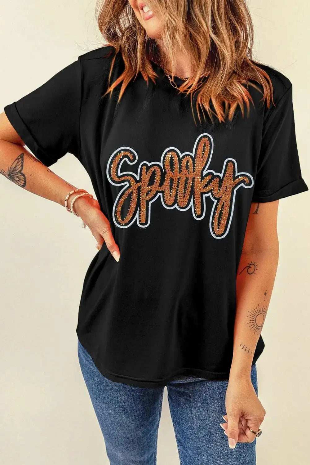 Rhinestone Letter Round Neck Short Sleeve T-Shirt - Trendsi - Flyclothing LLC