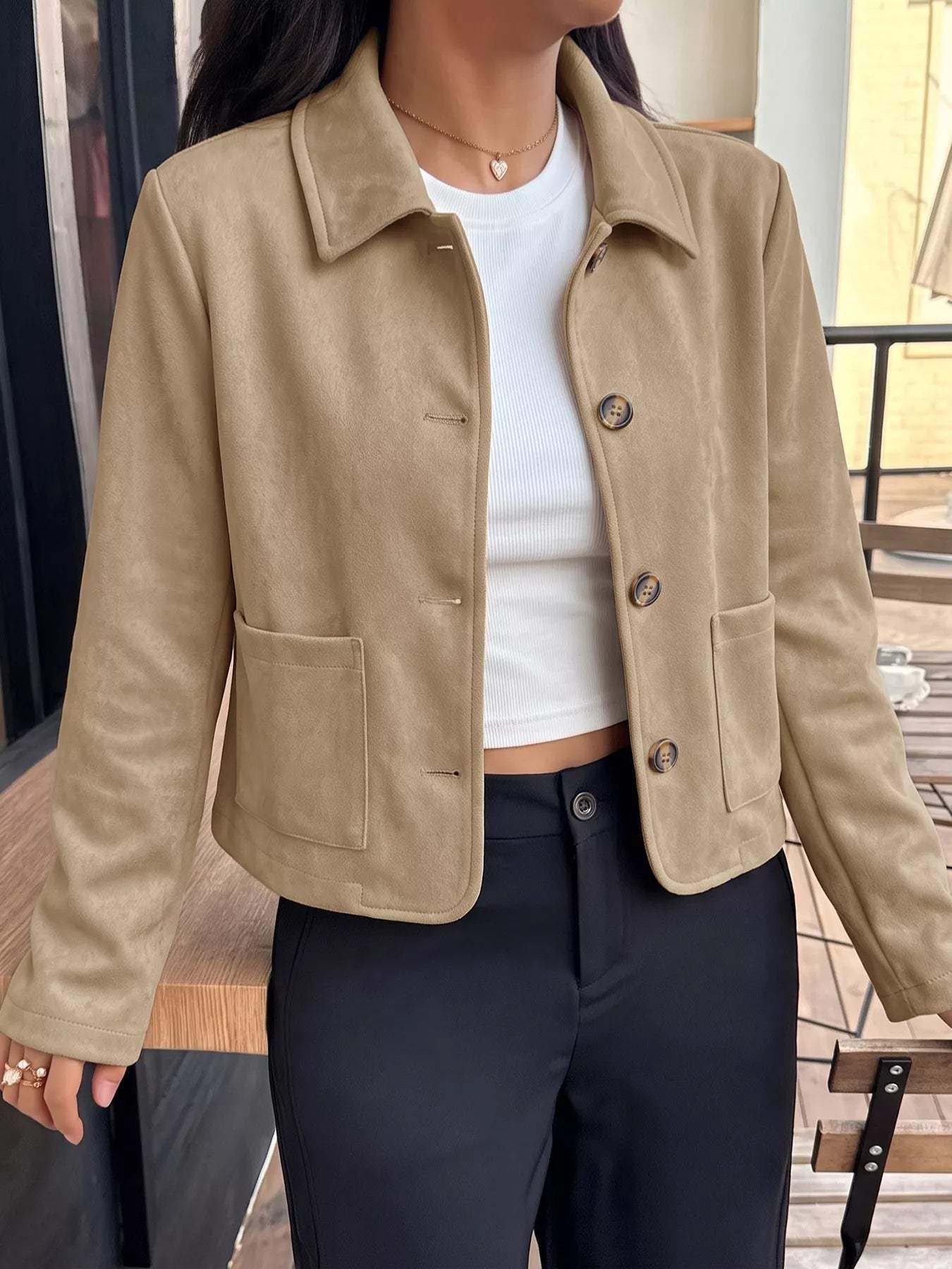 Collared Neck Button Up Jacket - Trendsi - Flyclothing LLC